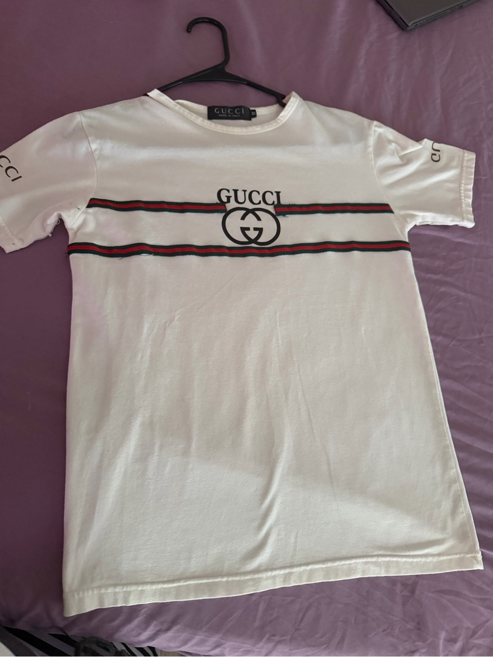 Gucci White Short-Sleeve Tee with Red-Green Logo Stripes